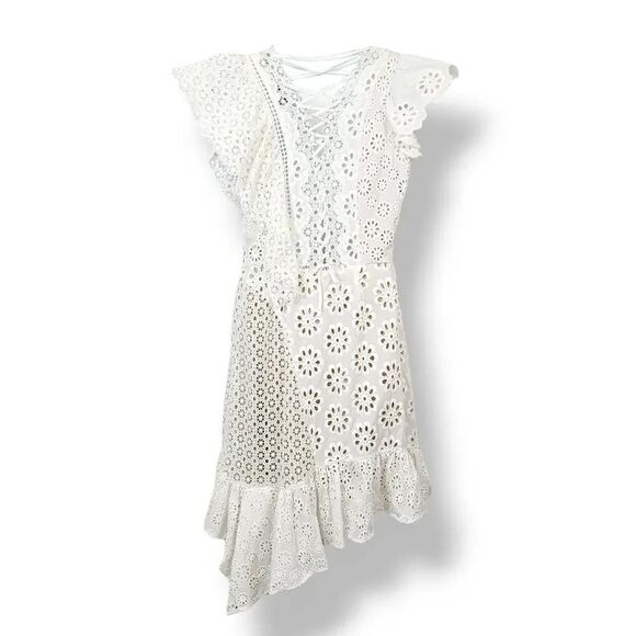 Sea New York Embroidered Eyelet Asymmetrical Lace Up Edie Dress in White Size 10 - Picture 7 of 12